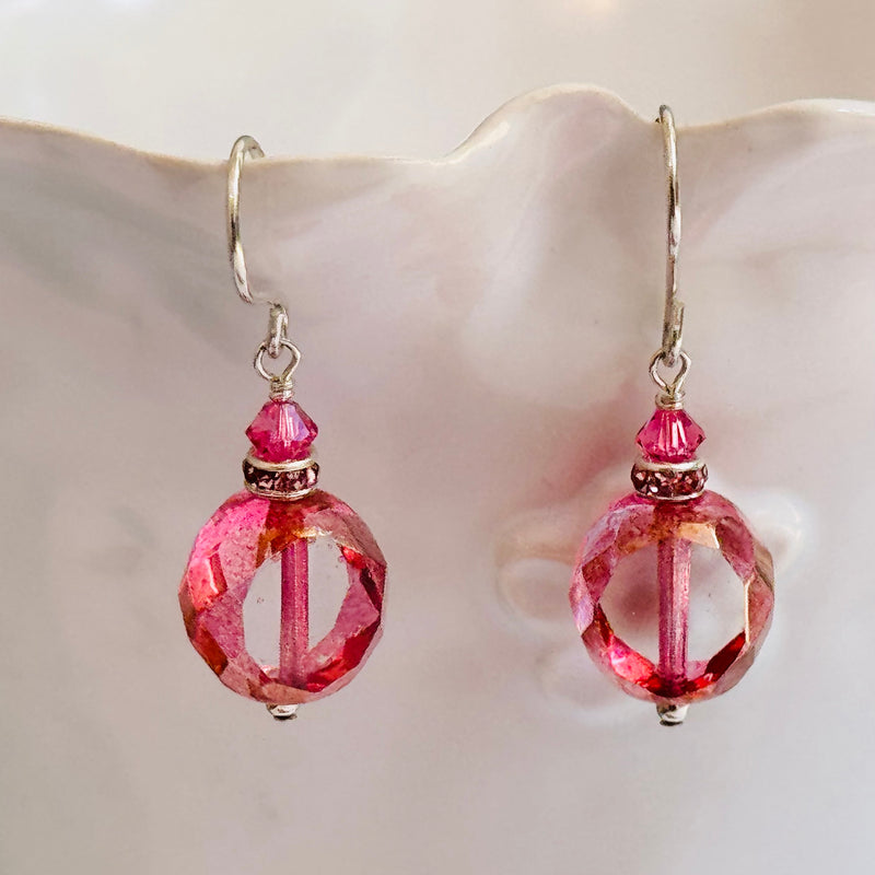 Czech Glass Pink Duel Faceted Round Drop Earrings in Sterling Silver