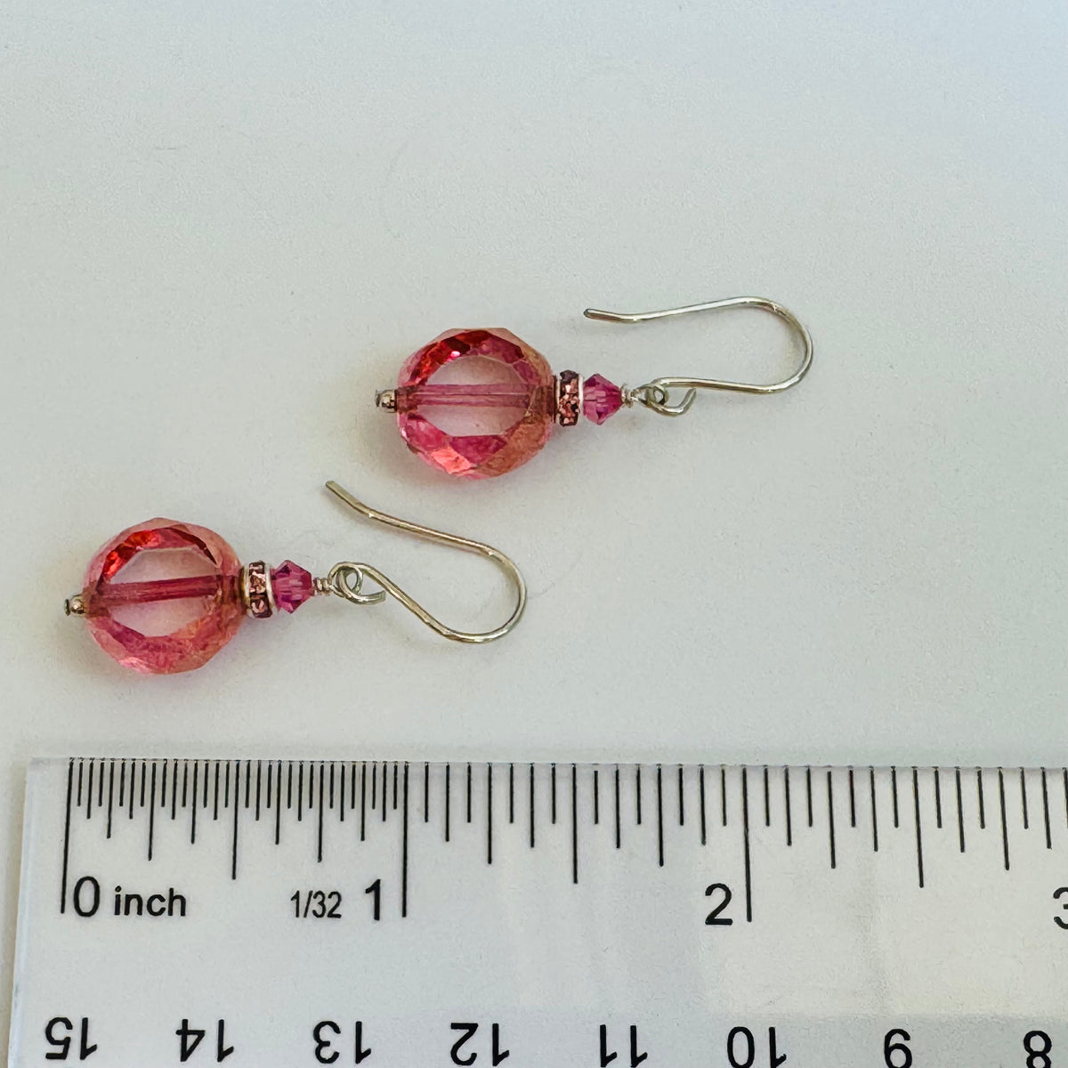 Czech Glass Pink Duel Faceted Round Drop Earrings in Sterling Silver