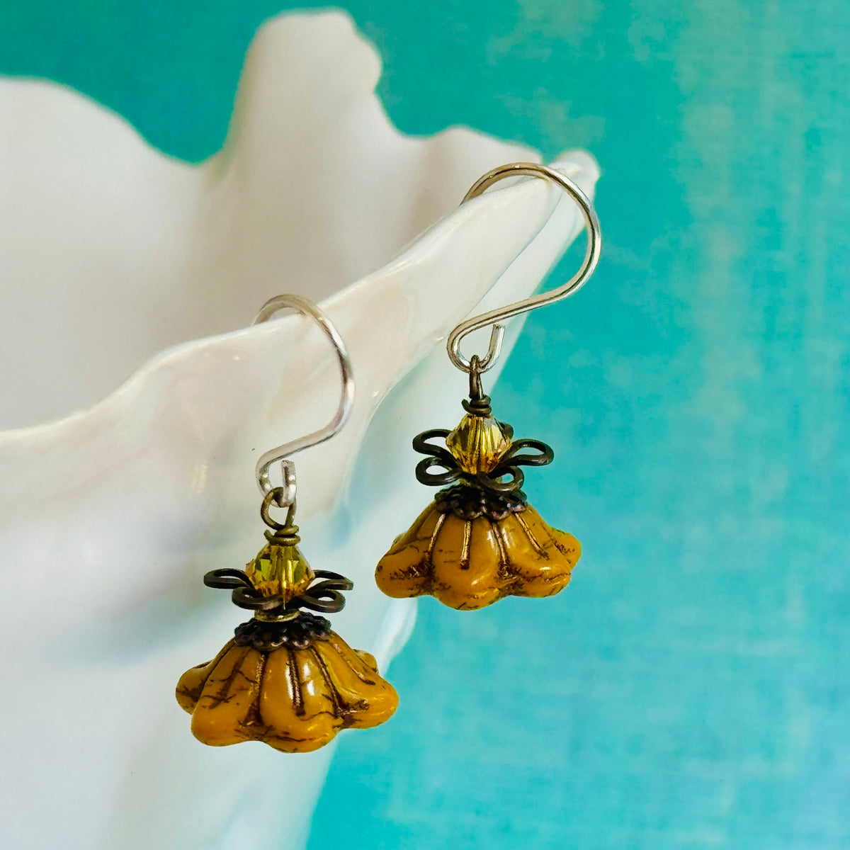 Czech Glass Yellow Bell Flower Drop Earrings in Sterling Silver