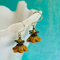 Czech Glass Yellow Bell Flower Drop Earrings in Sterling Silver