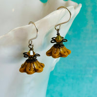 Czech Glass Yellow Bell Flower Drop Earrings in Sterling Silver