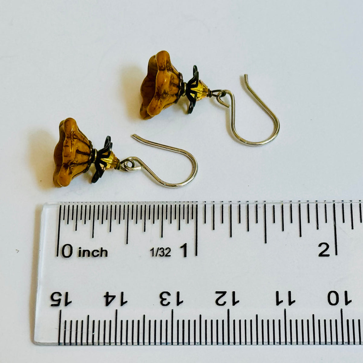 Czech Glass Yellow Bell Flower Drop Earrings in Sterling Silver