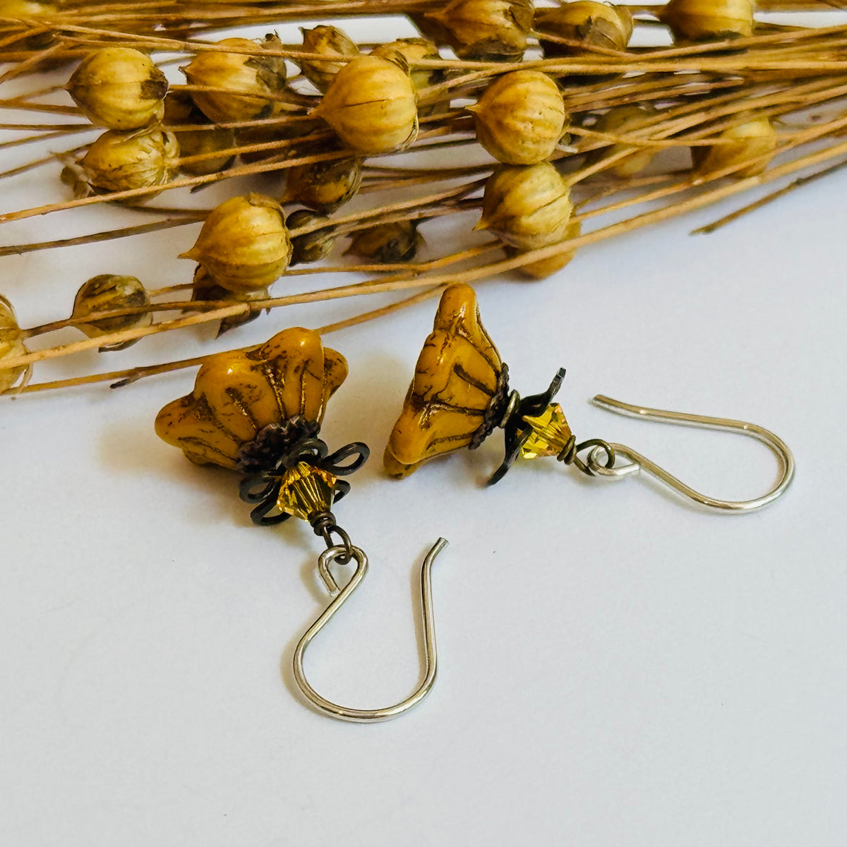 Czech Glass Yellow Bell Flower Drop Earrings in Sterling Silver
