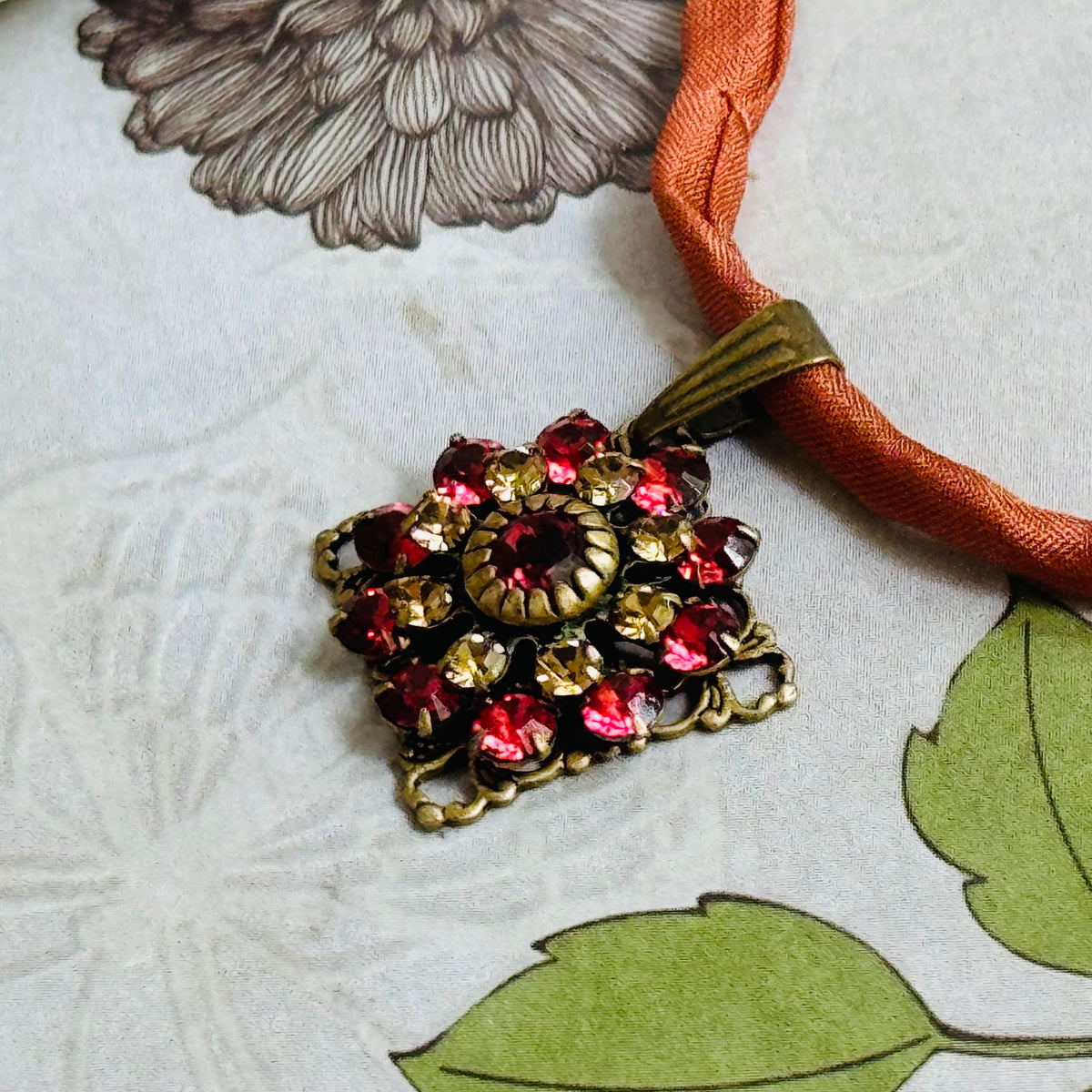 Orange Swarovski Crystal Filigree Pendant in Antique Brass