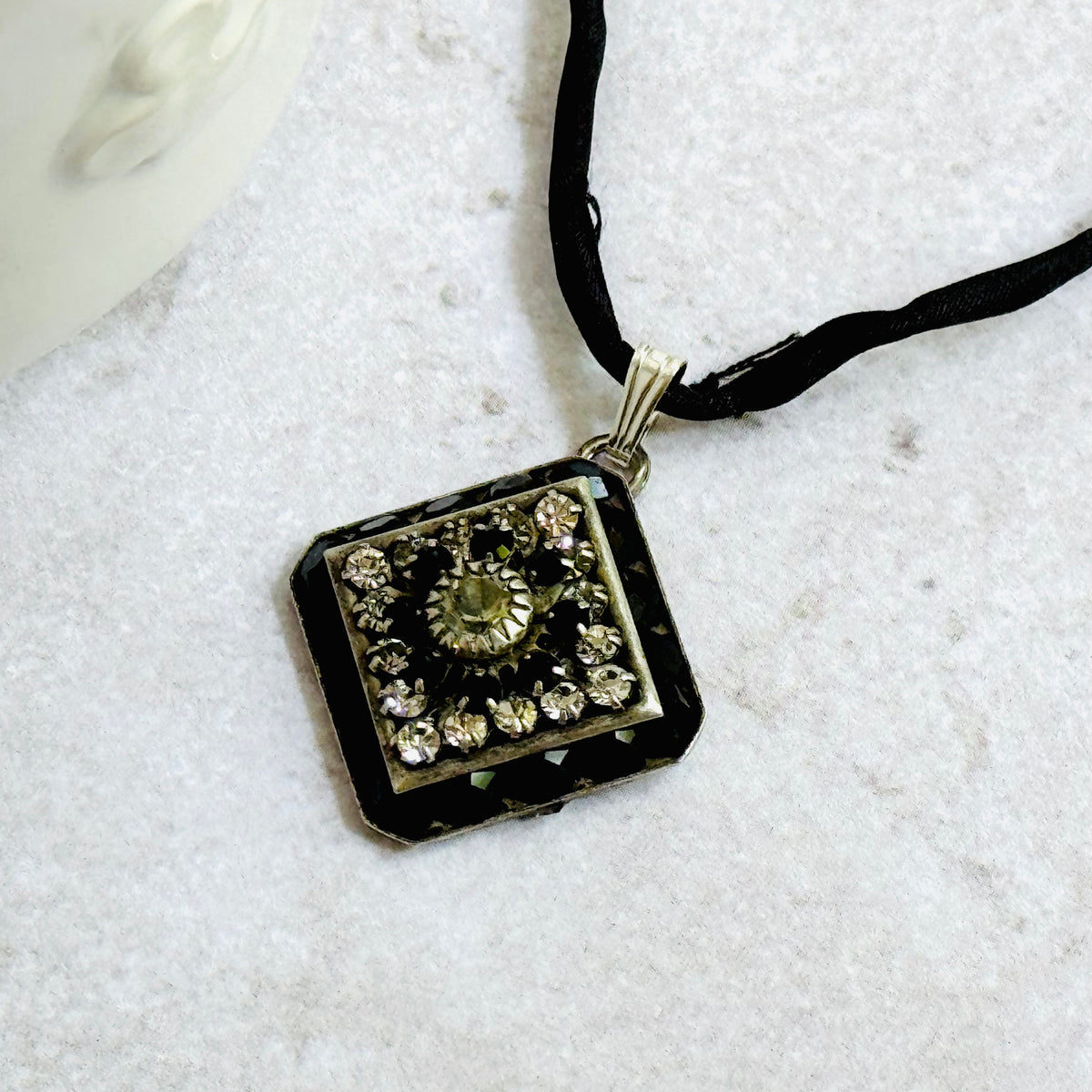 Black and Clear Swarovski Crystal Filigree Pendant in Sterling Silver