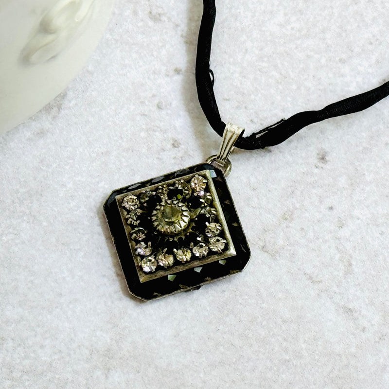 Black and Clear Swarovski Crystal Filigree Pendant in Sterling Silver