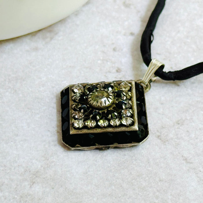 Black and Clear Swarovski Crystal Filigree Pendant in Sterling Silver