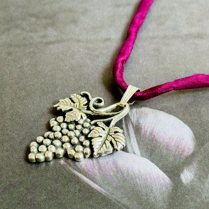 Sterling Silver Grape Bunch Pendant on Silk Cord