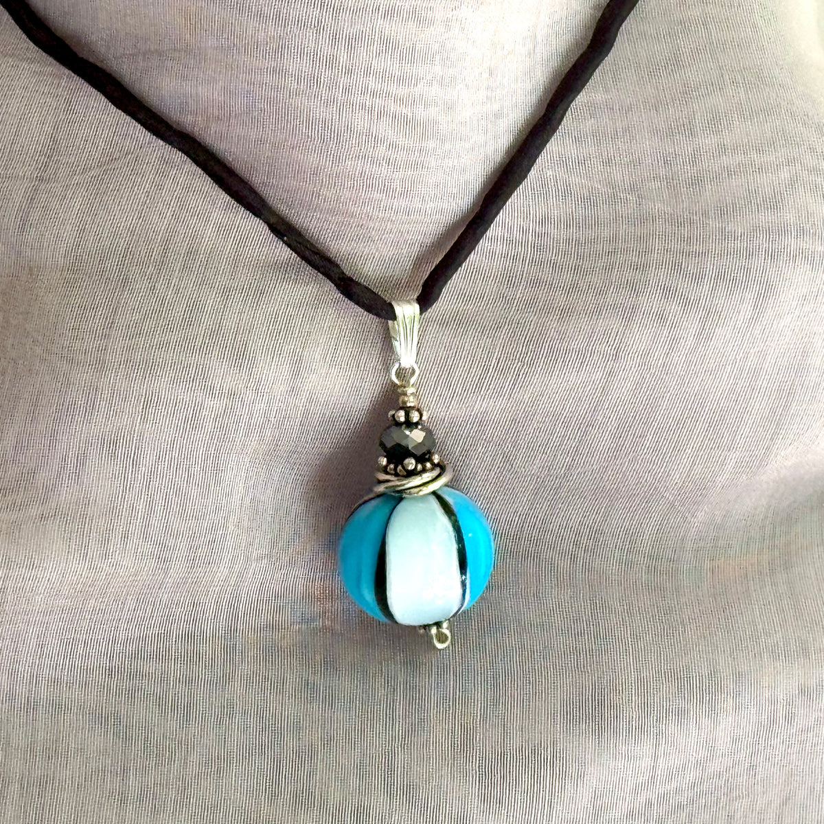 Blue and Black Mouth Blown "Balloon" Murano Glass Pendant Black Silk Cord