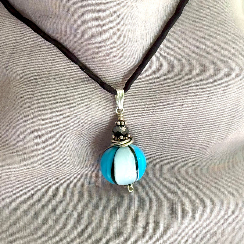 Blue and Black Mouth Blown "Balloon" Murano Glass Pendant Black Silk Cord