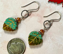 Load image into Gallery viewer, Czech Glass Blue and Gold Leaf Earrings in Sterling Silver
