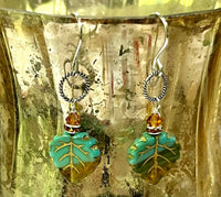 Czech Glass Blue and Gold Leaf Earrings in Sterling Silver