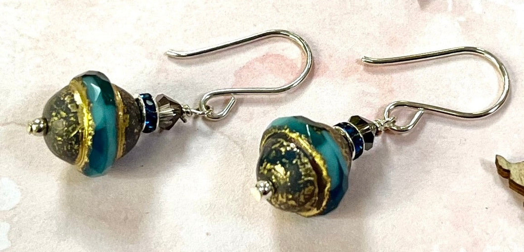 Czech Glass Blue and Gold Saucer Earrings in Sterling Silver