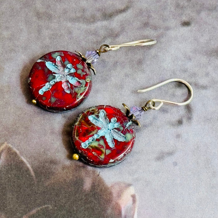 Red and Blue Dragon Fly Coin Czech Glass Earrings in Sterling Silver