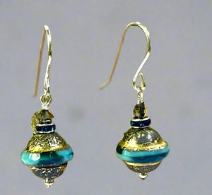 Czech Glass Blue and Gold Saucer Earrings in Sterling Silver