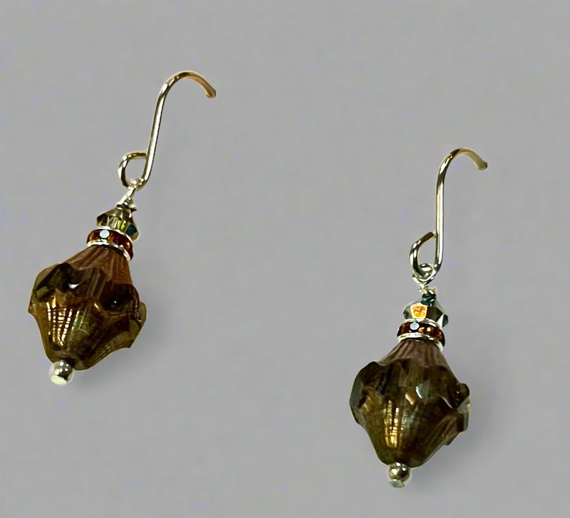 Czech Glass Green and Amber Turbine Earrings in Sterling Silver