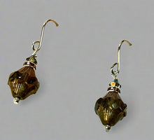 Load image into Gallery viewer, Czech Glass Green and Amber Turbine Earrings in Sterling Silver
