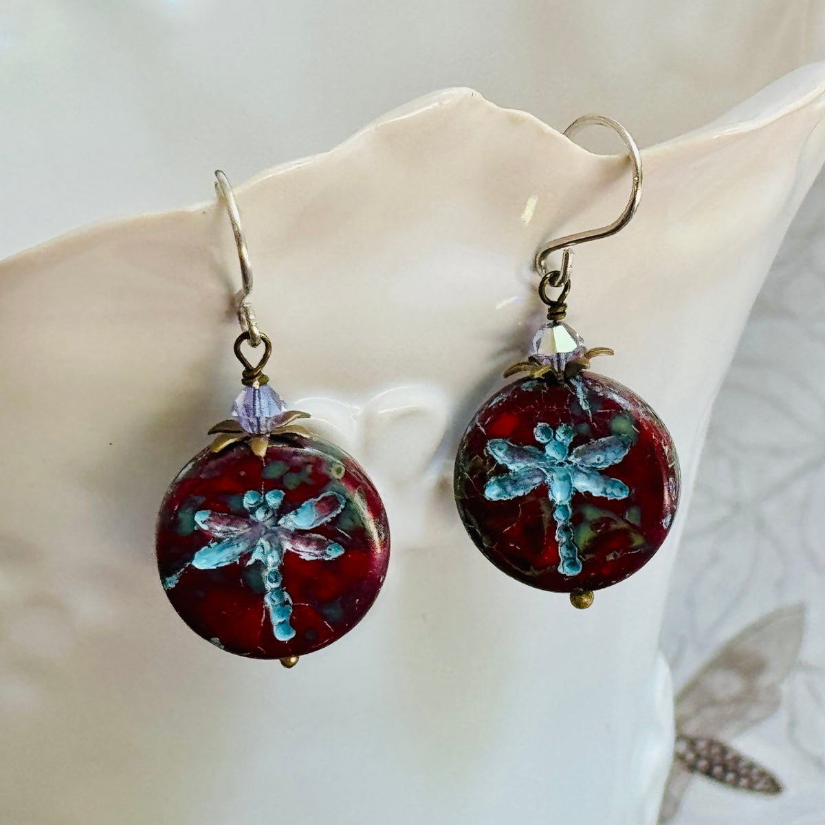 Red and Blue Dragon Fly Coin Czech Glass Earrings in Sterling Silver