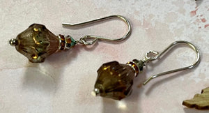 Czech Glass Green and Amber Turbine Earrings in Sterling Silver