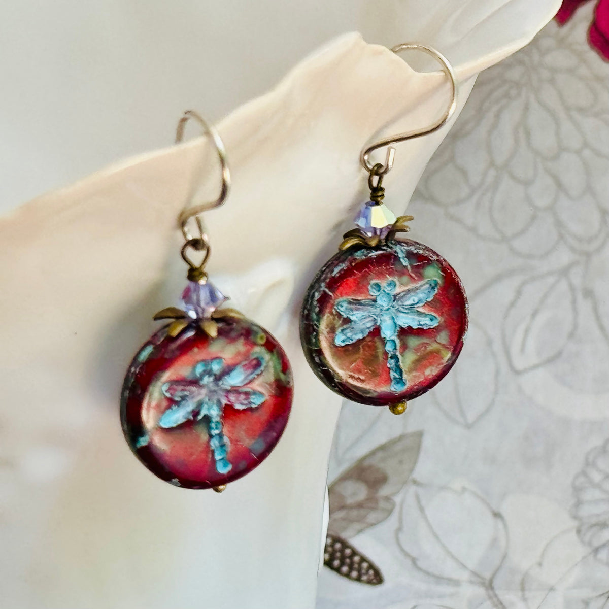 Red and Blue Dragon Fly Coin Czech Glass Earrings in Sterling Silver