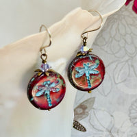 Red and Blue Dragon Fly Coin Czech Glass Earrings in Sterling Silver