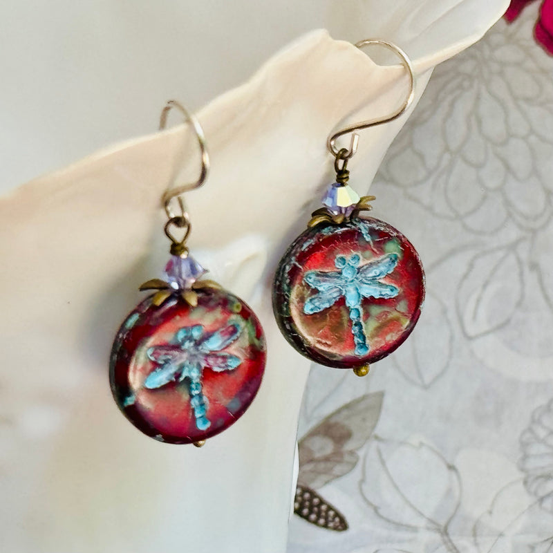 Red and Blue Dragon Fly Coin Czech Glass Earrings in Sterling Silver