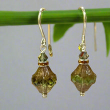 Load image into Gallery viewer, Czech Glass Green and Amber Turbine Earrings in Sterling Silver
