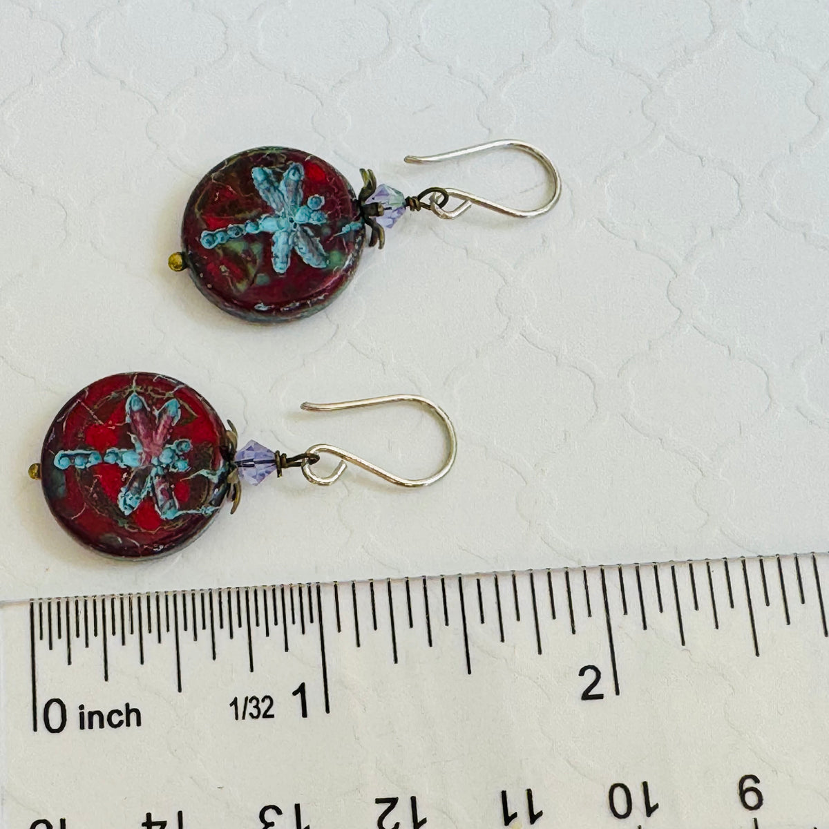 Red and Blue Dragon Fly Coin Czech Glass Earrings in Sterling Silver