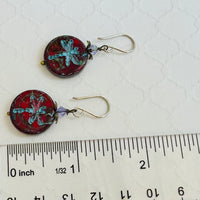 Red and Blue Dragon Fly Coin Czech Glass Earrings in Sterling Silver