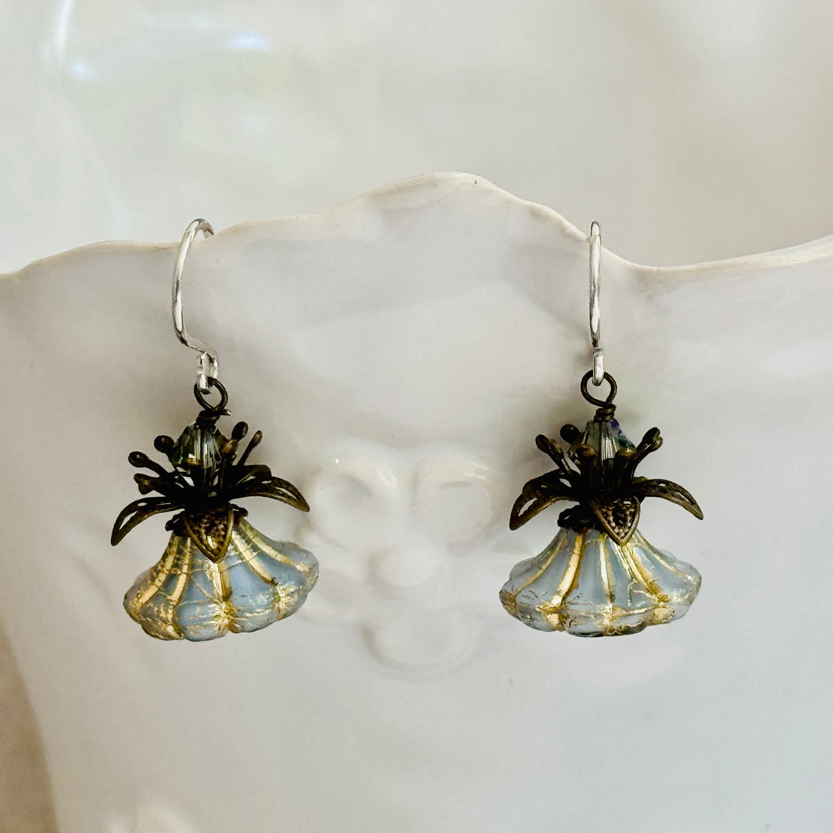 Czech Glass Gray and Gold Bell Flower Earrings in Sterling Silver