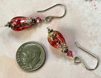 Czech "Bohemian" Pink Glass Foil Teardrop Earrings in Sterling Silver