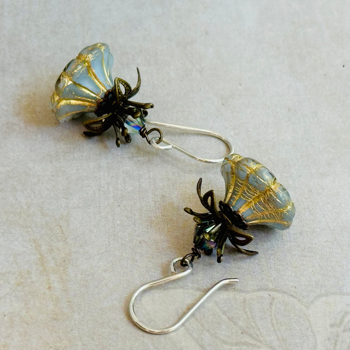 Czech Glass Gray and Gold Bell Flower Earrings in Sterling Silver
