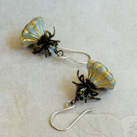 Czech Glass Gray and Gold Bell Flower Earrings in Sterling Silver