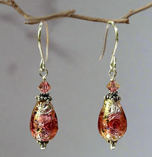 Load image into Gallery viewer, Czech &quot;Bohemian&quot; Pink Glass Foil Teardrop Earrings in Sterling Silver
