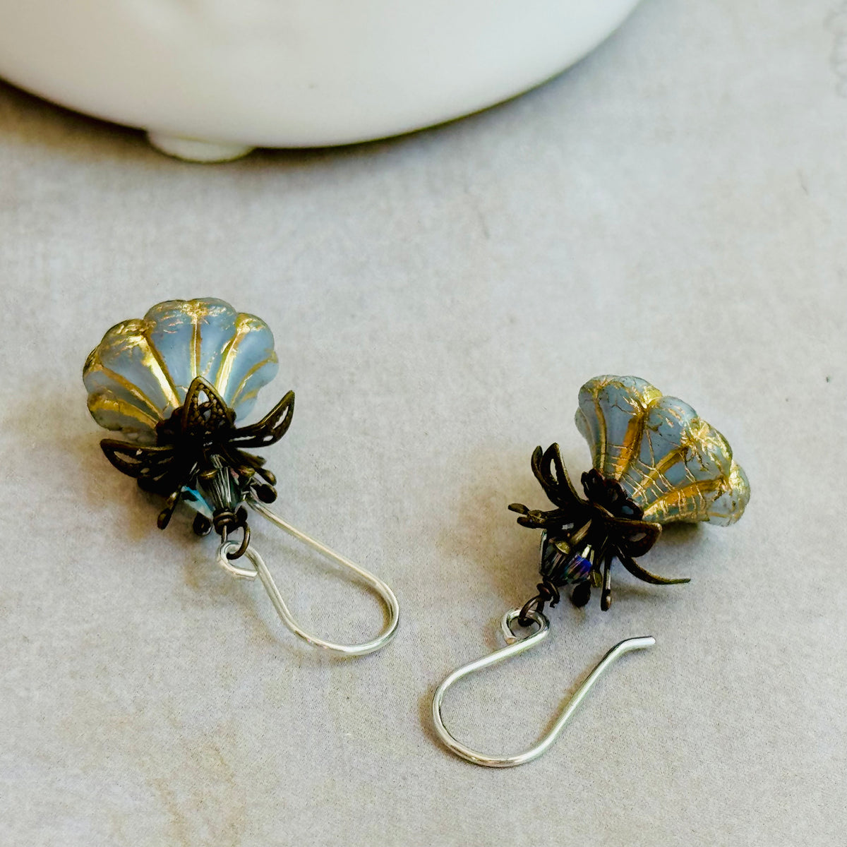 Czech Glass Gray and Gold Bell Flower Earrings in Sterling Silver