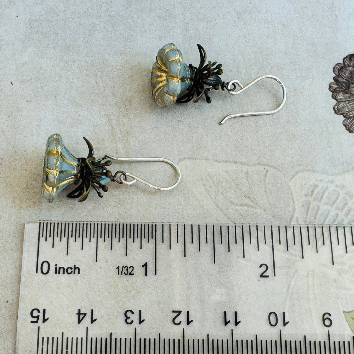 Czech Glass Gray and Gold Bell Flower Earrings in Sterling Silver
