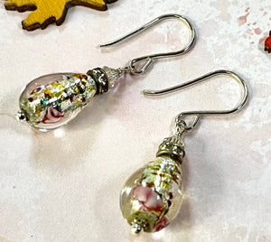 Czech "Bohemian" Silver Glass Foil Teardrop Earrings in Sterling Silver