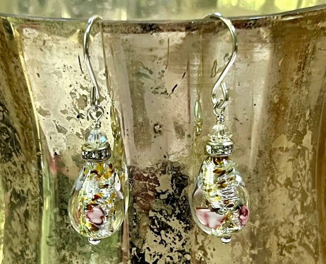 Czech "Bohemian" Silver Glass Foil Teardrop Earrings in Sterling Silver