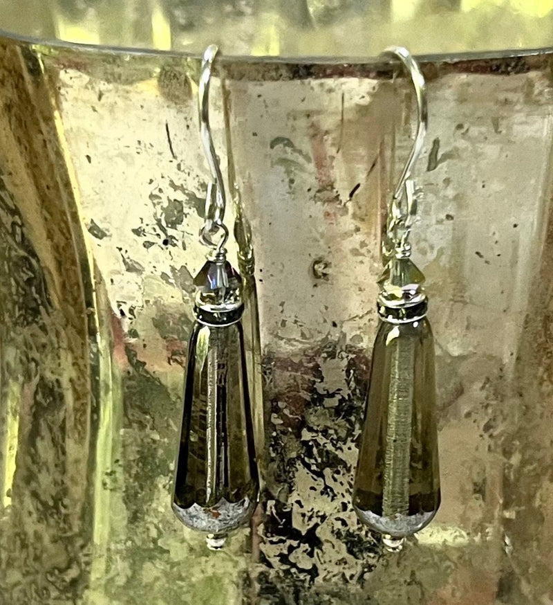 Czech Glass Gray Faceted Dangle Drop Earrings in Sterling Silver