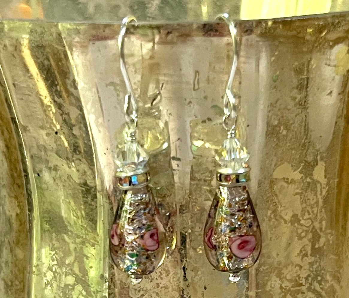 Czech "Bohemian" Purple Glass Foil Teardrop Earrings in Sterling Silver