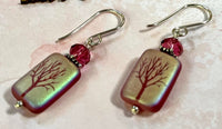 Czech Matte Ruby AB Etched Tree of Life Earrings in Sterling Silver