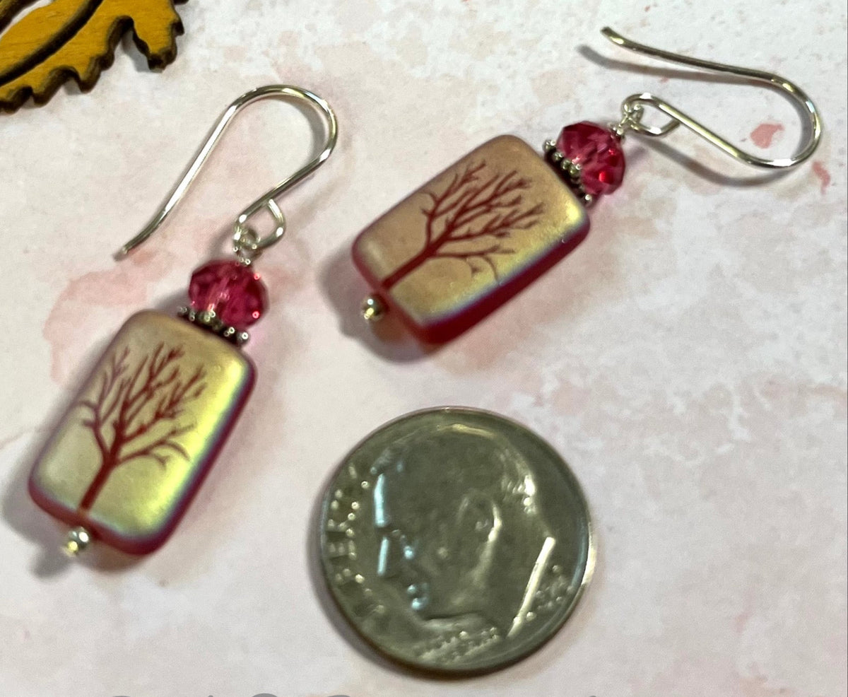 Czech Matte Ruby AB Etched Tree of Life Earrings in Sterling Silver