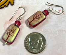 Load image into Gallery viewer, Czech Matte Ruby AB Etched Tree of Life Earrings in Sterling Silver
