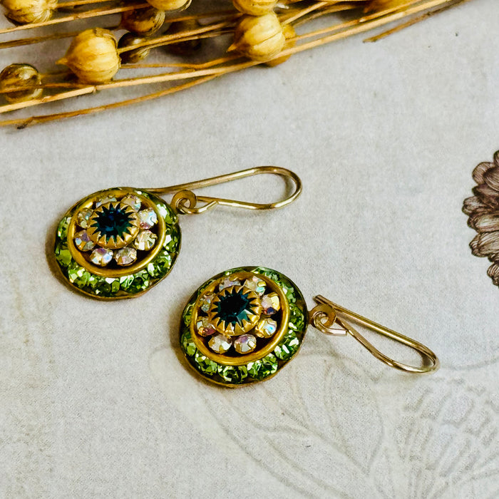 Peridot, Teal and Crystal Swarovski Crystal Domed Earrings in 14K Gold Fill