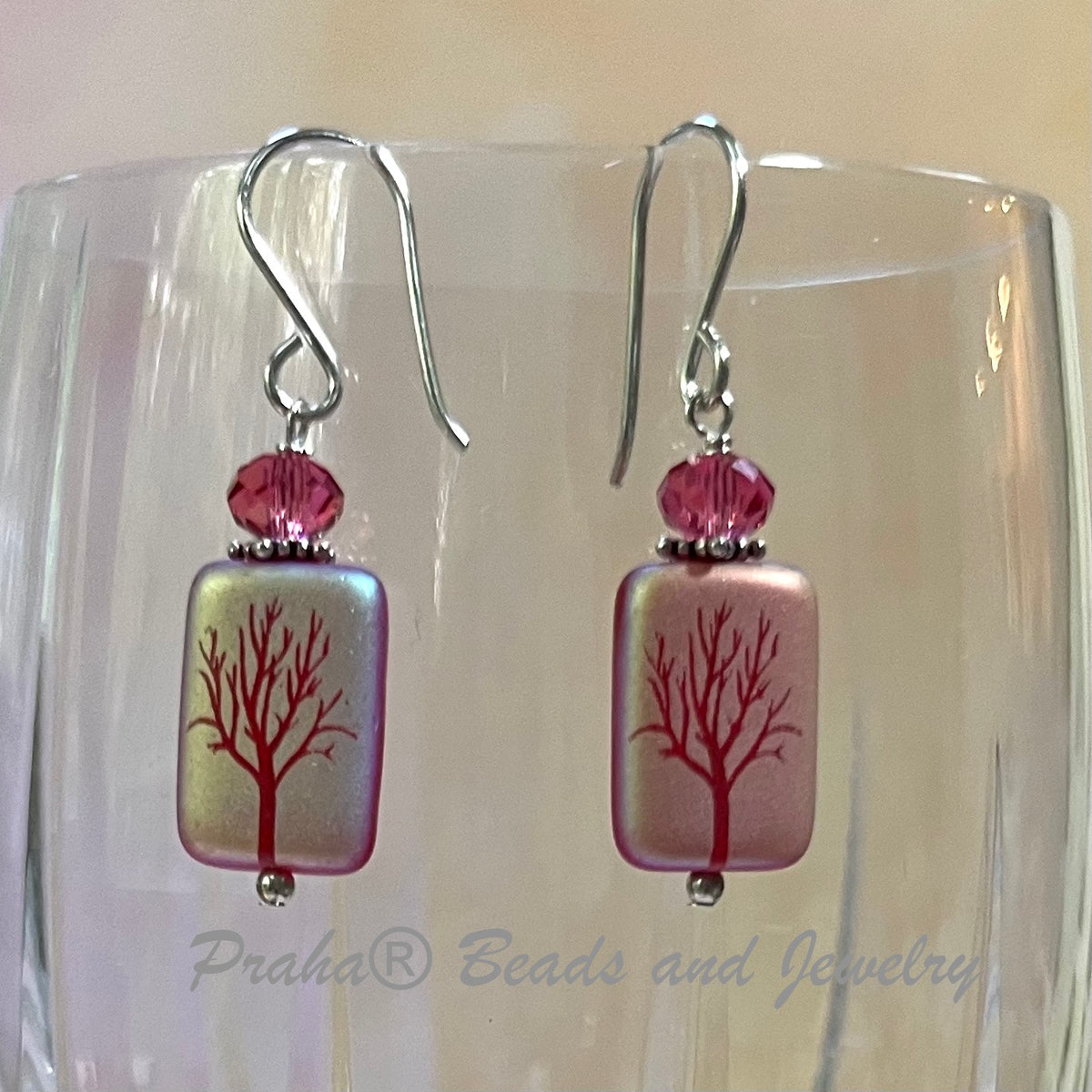 Czech Matte Ruby AB Etched Tree of Life Earrings in Sterling Silver