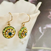 Peridot, Teal and Crystal Swarovski Crystal Domed Earrings in 14K Gold Fill