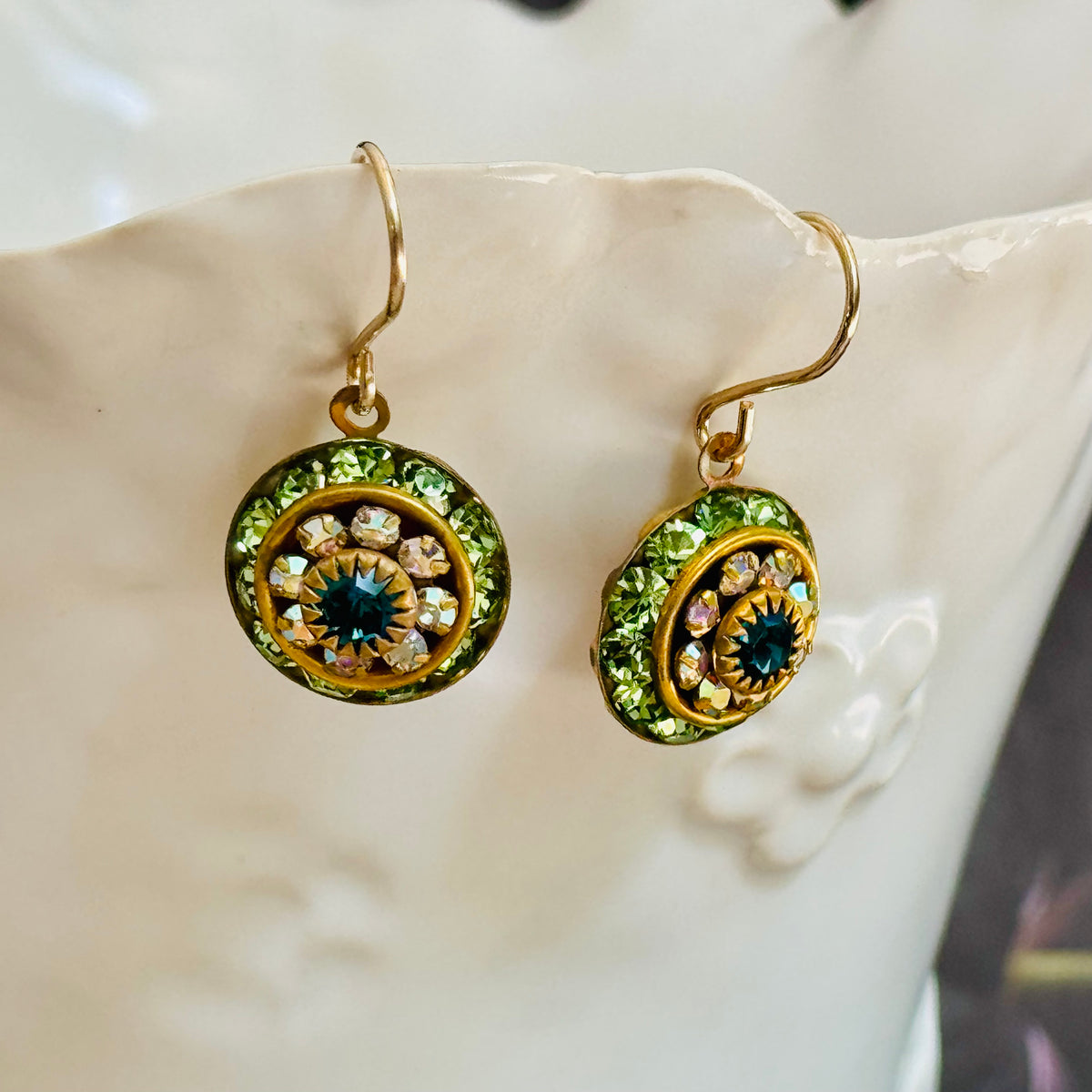 Peridot, Teal and Crystal Swarovski Crystal Domed Earrings in 14K Gold Fill