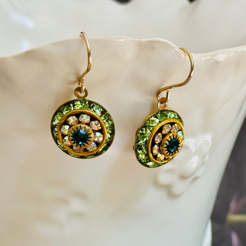 Peridot, Teal and Crystal Swarovski Crystal Domed Earrings in 14K Gold Fill