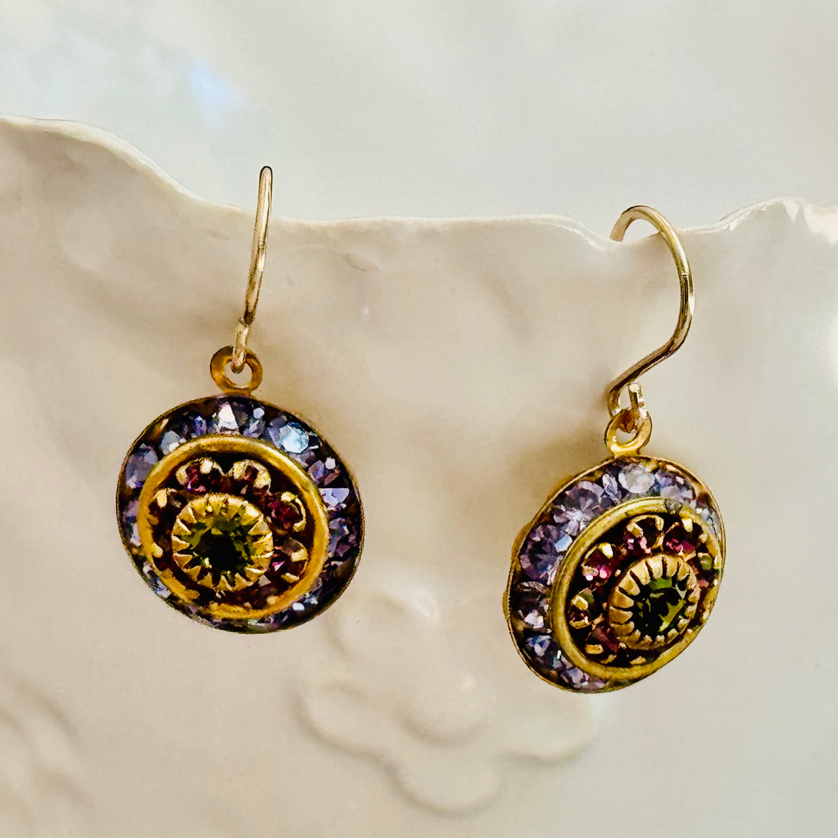 Tanzanite, Purple, Olive Swarovski Crystal Domed Earrings in 14K Gold Fill