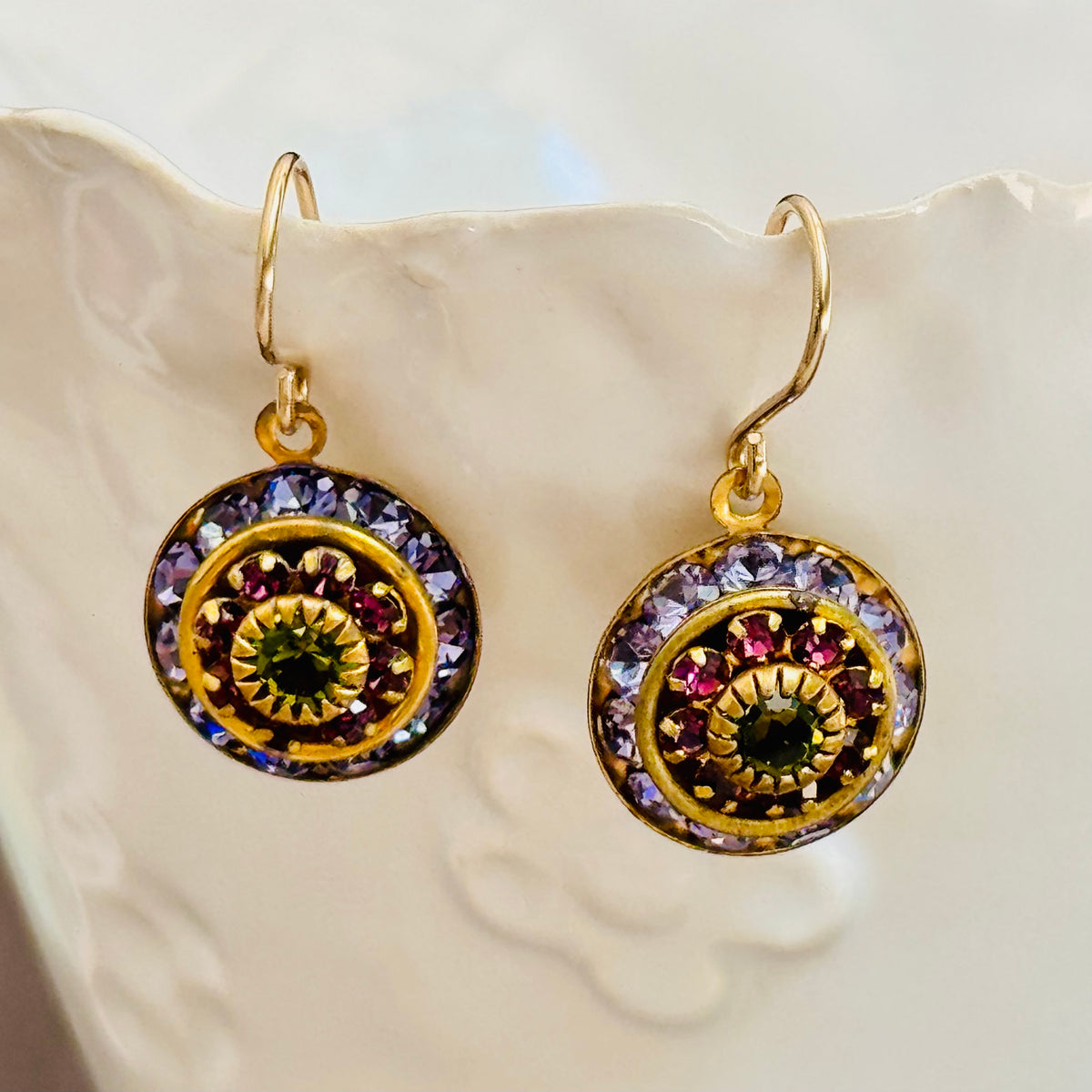 Tanzanite, Purple, Olive Swarovski Crystal Domed Earrings in 14K Gold Fill